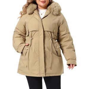 Women Plus Size Drawstring Waist Detachable Hood Trench Coat Khaki